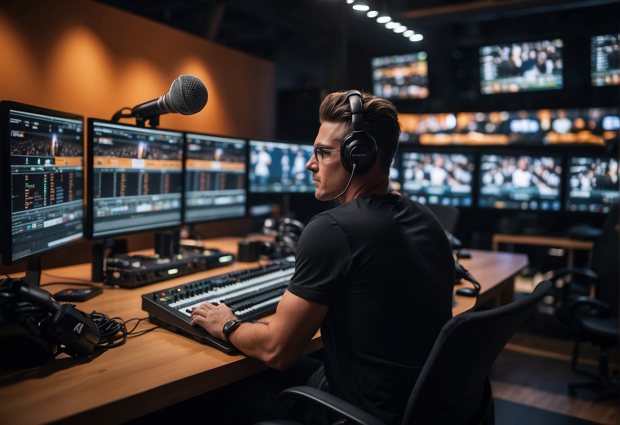 A sports media major surrounded by cameras, microphones, and editing equipment, with a backdrop of sports events and interviews
