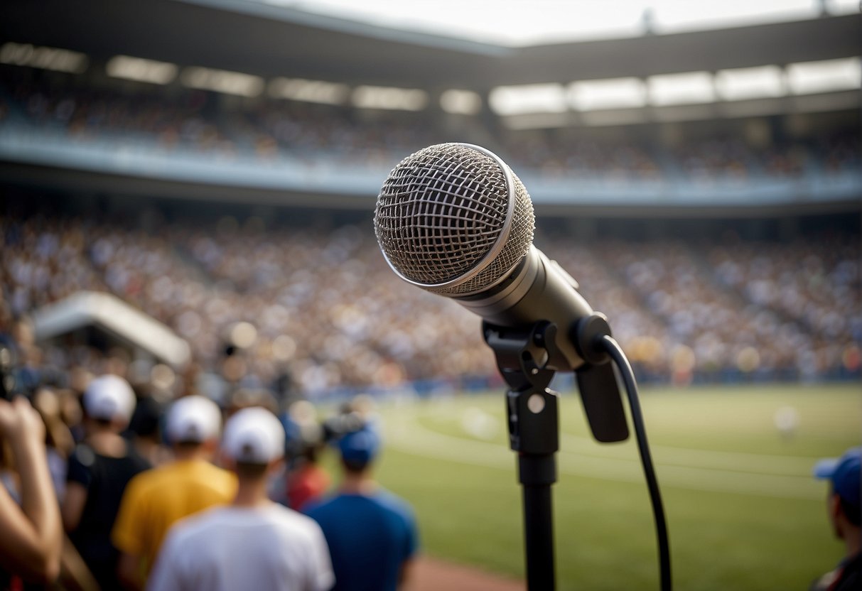 A person holding a microphone in front of a crowd at a sports event, with cameras and broadcasting equipment in the background