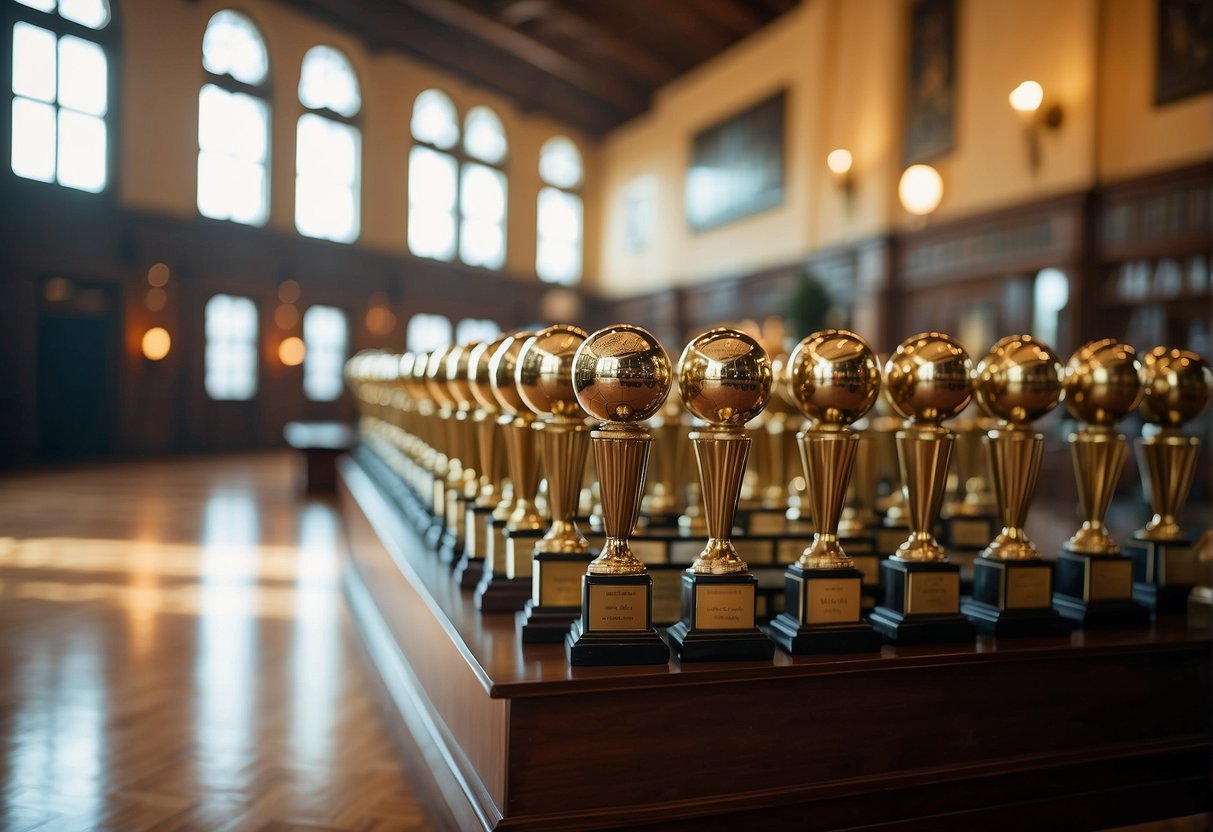 A grand hall filled with plaques and trophies honoring sports broadcasting legends