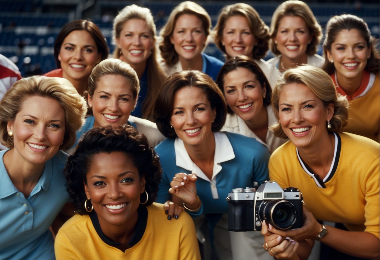 A group of pioneering women in sports journalism celebrate their achievements, surrounded by images of iconic moments and milestones in the field