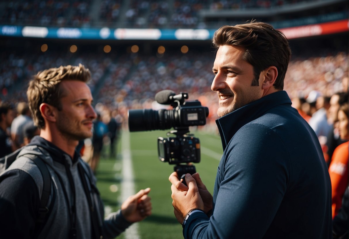 A sports journalist eagerly interviews athletes in a crowded stadium, capturing the excitement and tension of the game