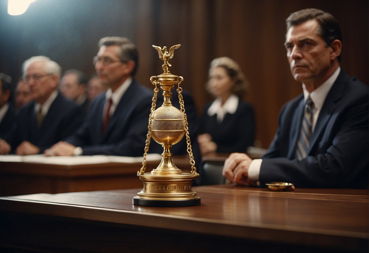 The sports broadcasting act of 1961 is depicted through a courtroom scene with judges, lawyers, and a scale representing the legal and economic impacts