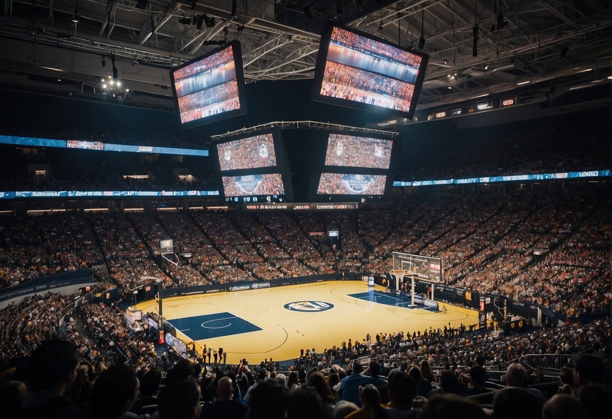 A bustling sports arena with vibrant banners, state-of-the-art broadcasting equipment, and enthusiastic fans cheering on their favorite teams
