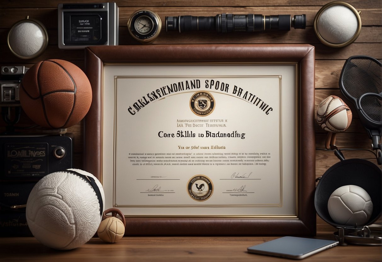 A diploma with "Core Skills and Coursework degree in sports broadcasting" displayed on a wall, surrounded by sports equipment and broadcasting technology