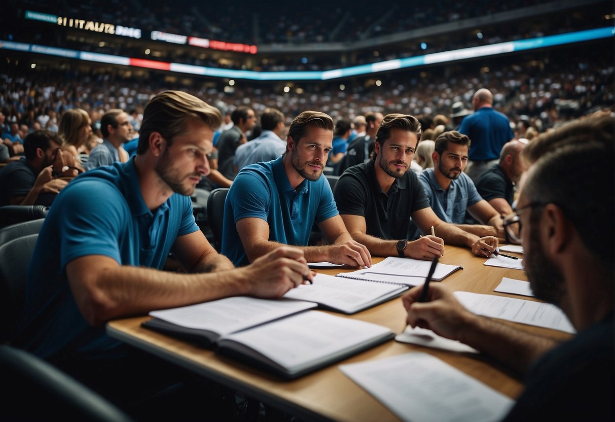 A crowded sports arena with journalists taking notes and interviewing athletes
