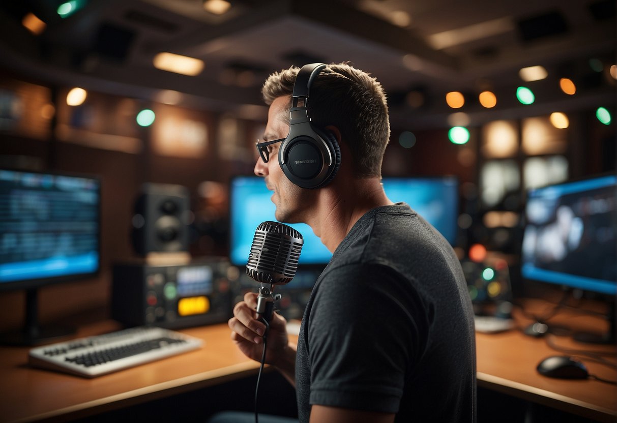 A person speaking into a microphone with headphones on, surrounded by sports memorabilia and broadcasting equipment