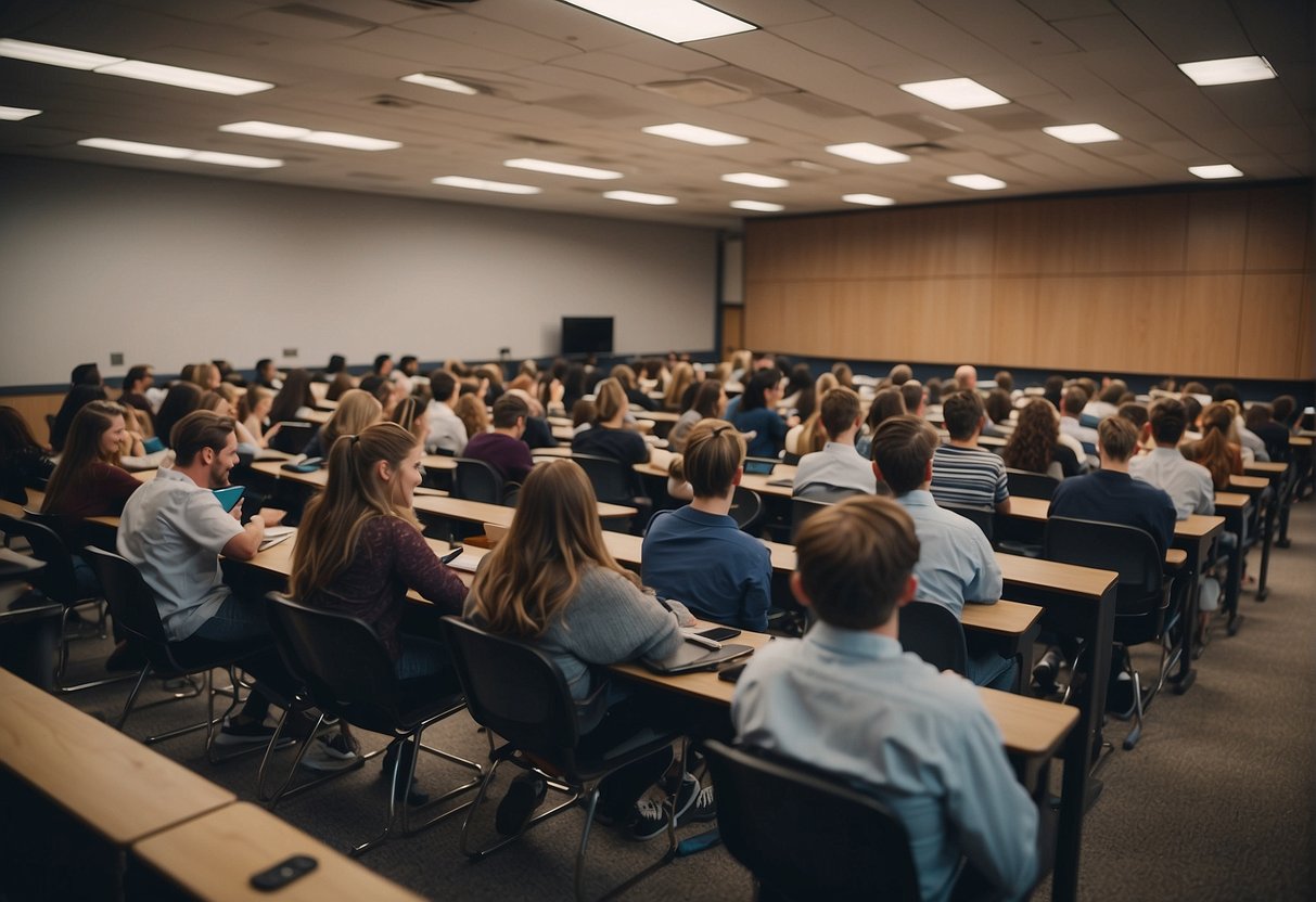 A classroom setting with students and instructors engaged in sports broadcasting lectures and workshops at a college campus