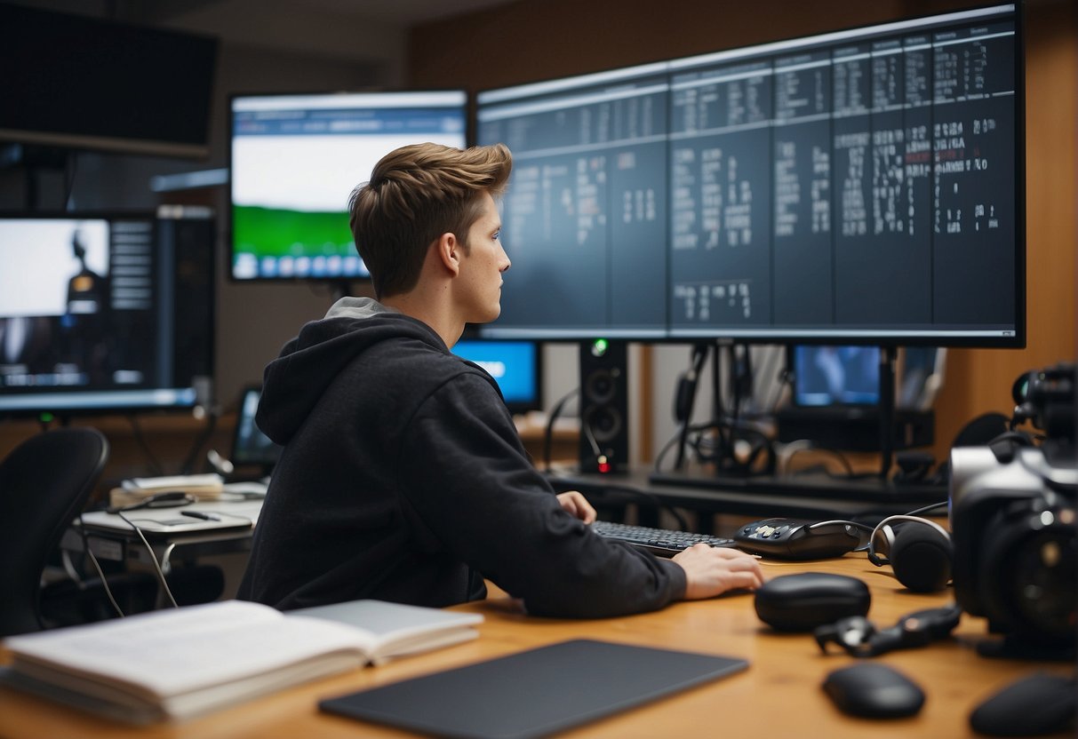 A student sits at a desk surrounded by sports equipment, cameras, and editing software. A whiteboard displays a schedule of sports events