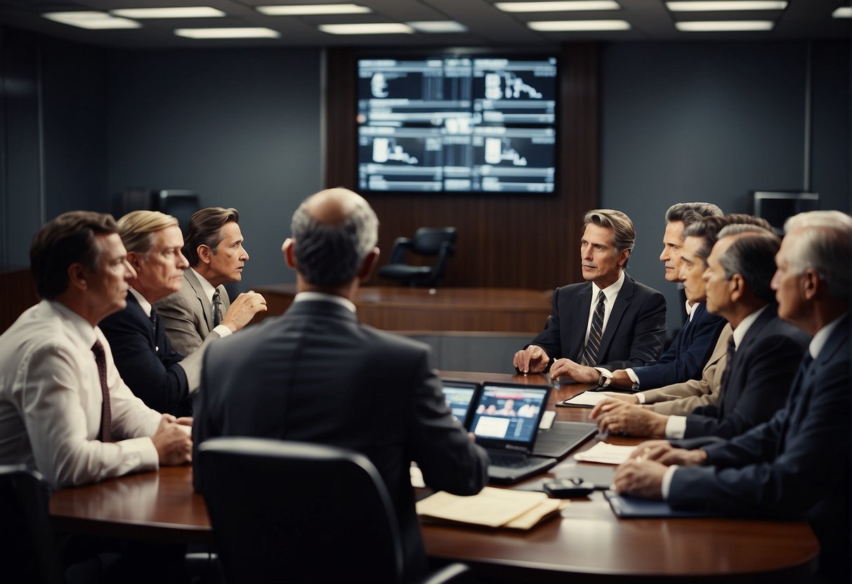A group of officials discussing sports broadcasting regulations in a government office, with a prominent display of the Sports Broadcasting Act of 1961 on a large screen