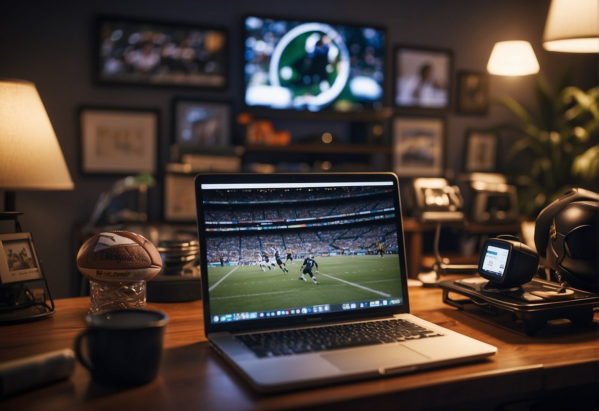 A sports journalist typing on a laptop, surrounded by sports memorabilia and framed photos, with a TV showing a live game in the background