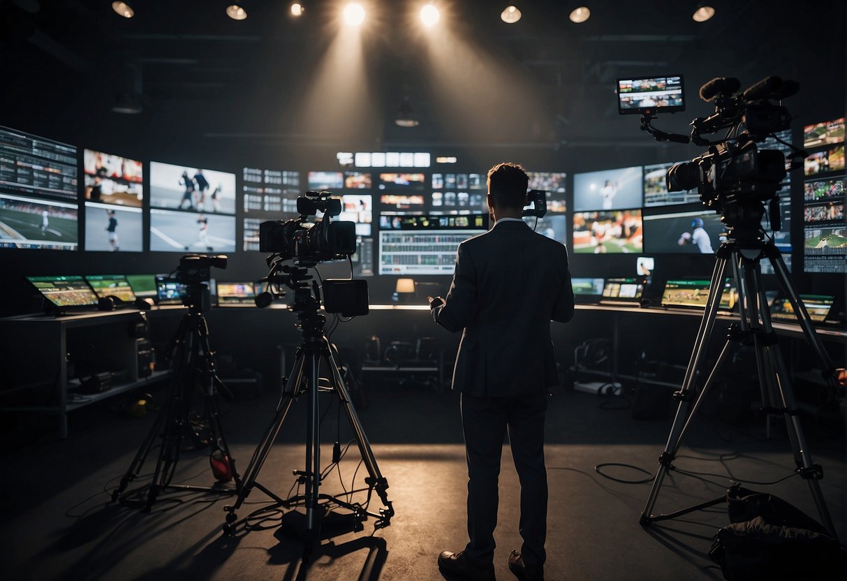 A reporter stands in front of a camera, surrounded by sports equipment and monitors, delivering the latest news on a live sports broadcast