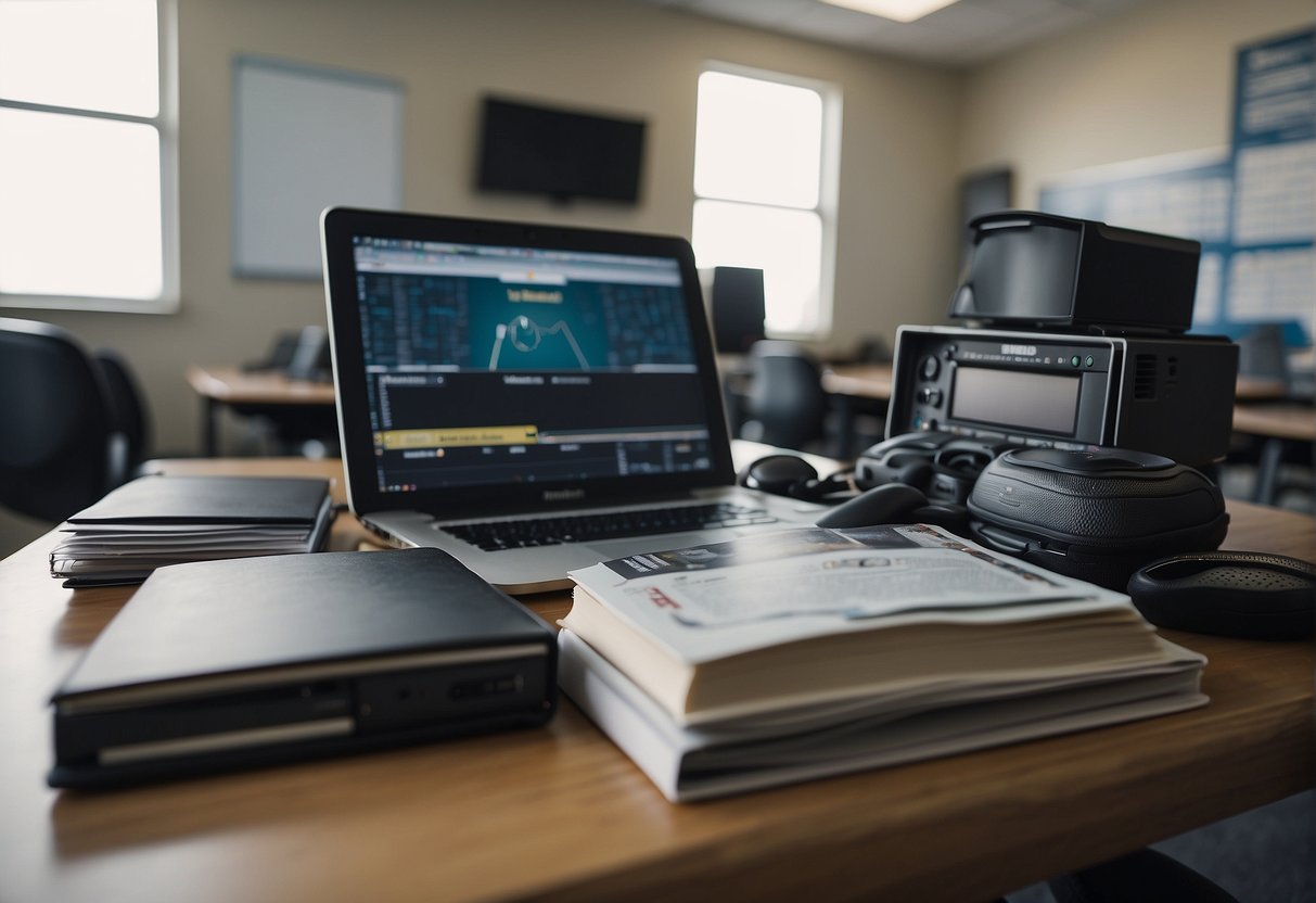 A student studies sports media in a classroom with textbooks, a computer, and sports equipment