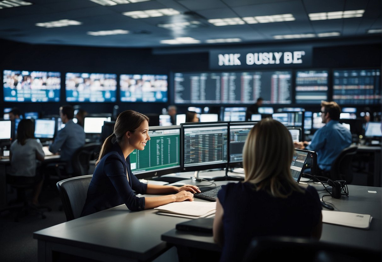 A bustling sports newsroom with female journalists reporting, editing, and broadcasting live updates on various sporting events