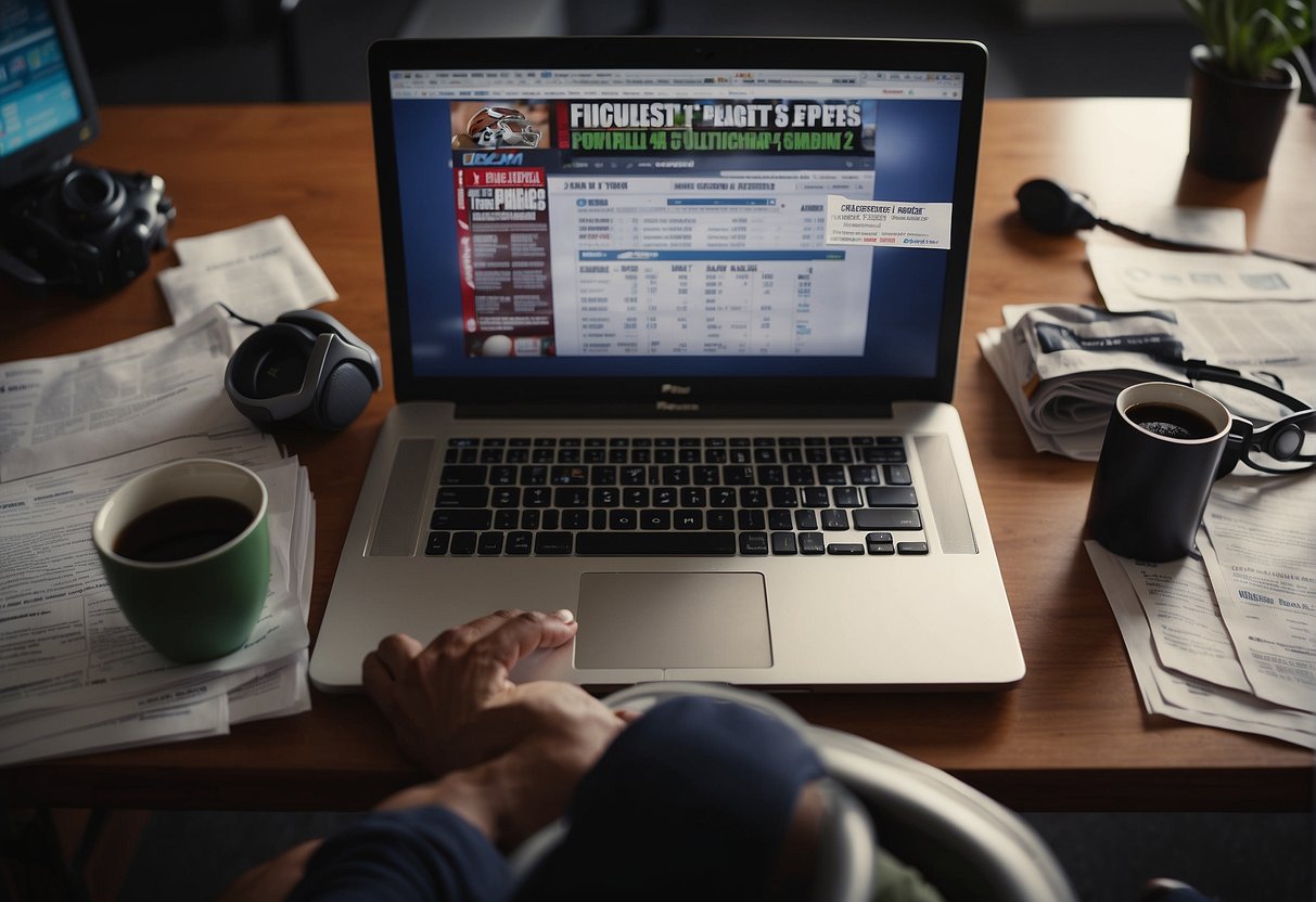 A sports journalist receives a paycheck while typing on a computer, surrounded by sports equipment and news clippings