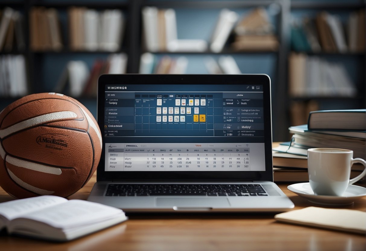 A writer researching sports topics on a laptop, surrounded by sports equipment and books, with a calendar marked with deadlines