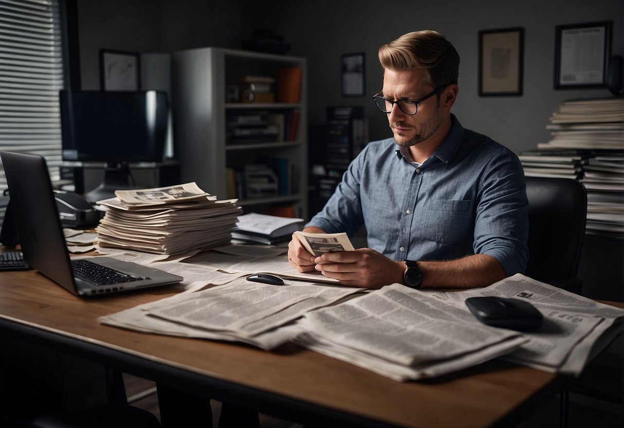 A journalist writes about sports, surrounded by newspapers and a computer, earning a wage
