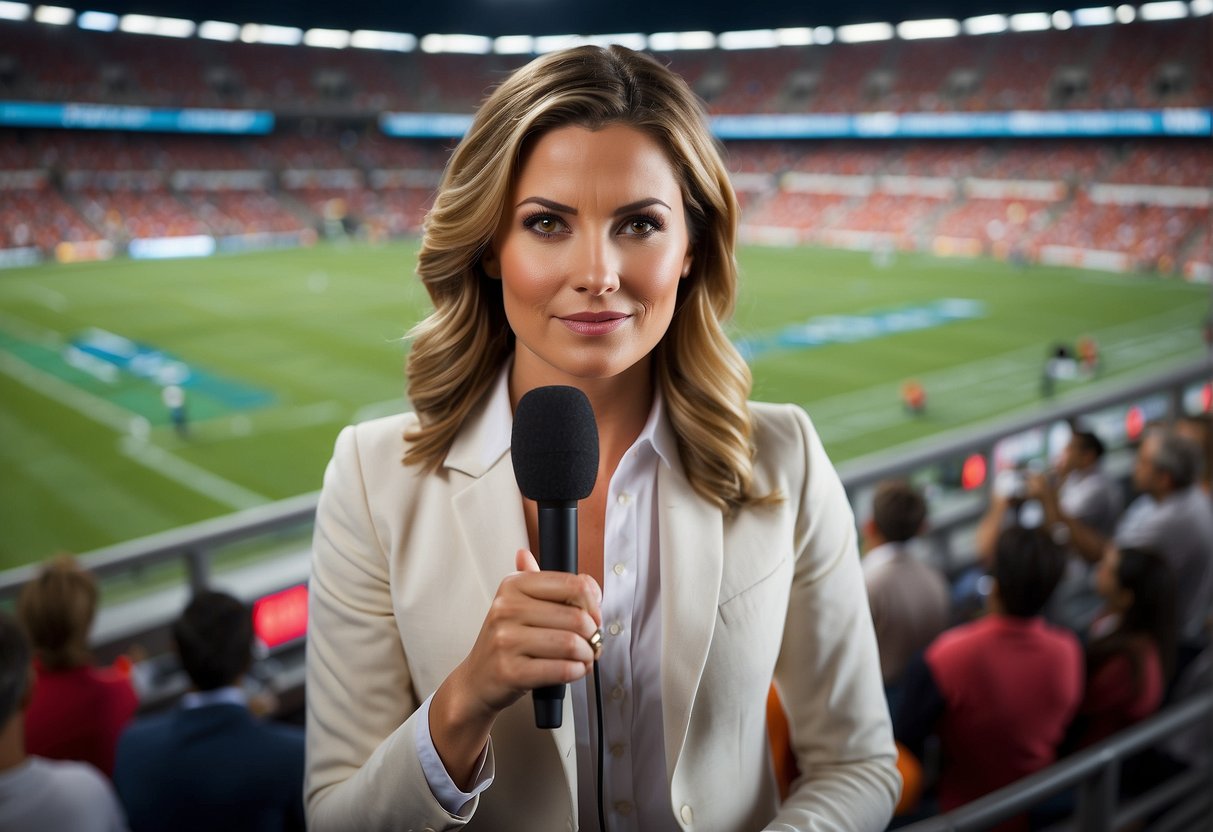 A female sports journalist confidently reporting on a live game, surrounded by cameras and microphones, with a backdrop of a crowded stadium