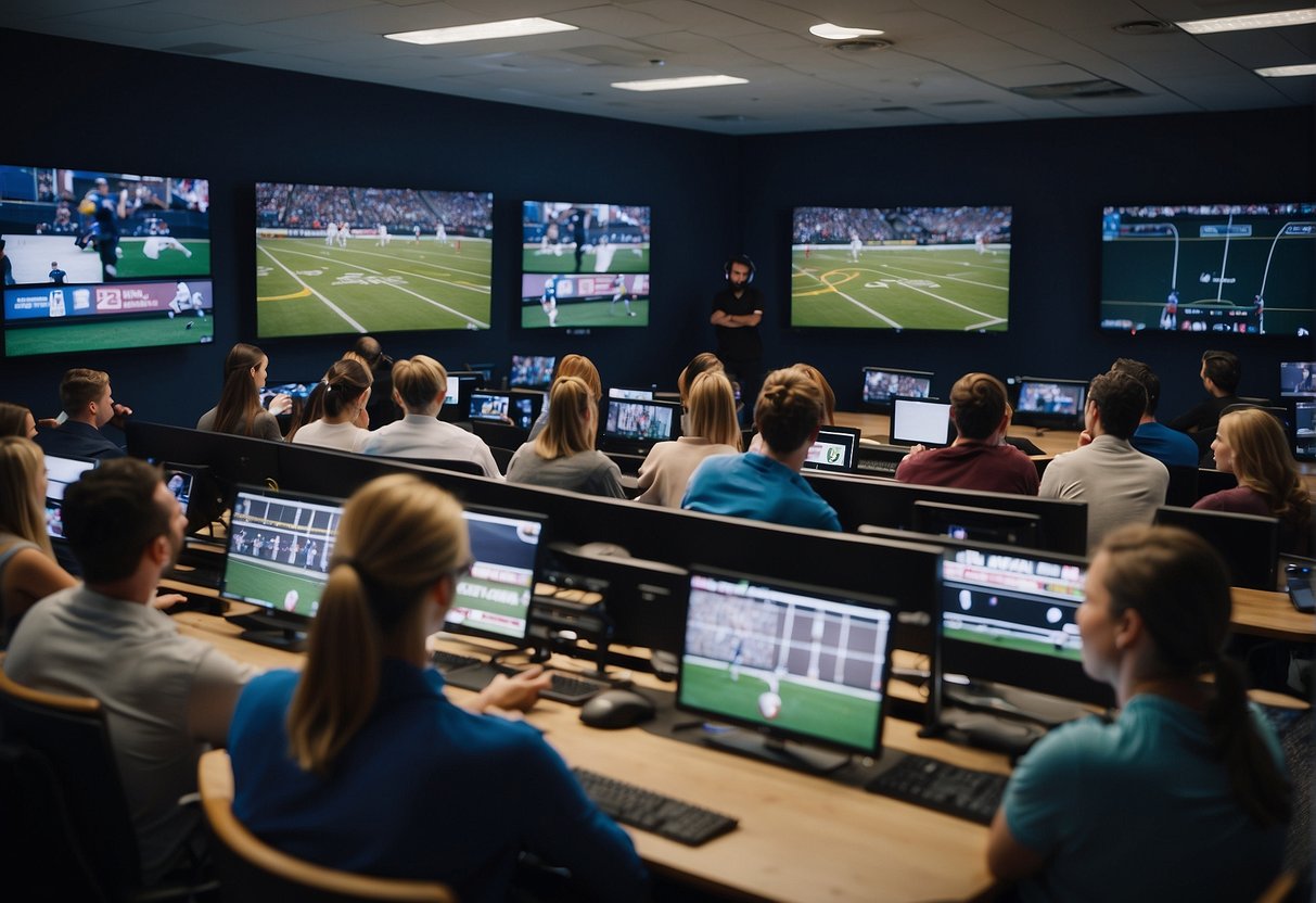 A classroom with students learning about sports broadcasting equipment and techniques. Multiple screens display live sports events