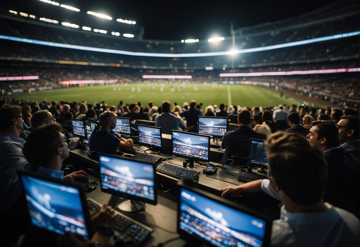 A crowded sports stadium with journalists reporting, photographers capturing action, and social media managers posting updates