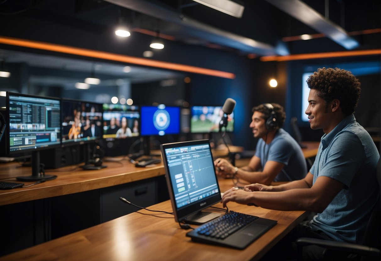 A group of students engage in hands-on learning at a sports broadcasting school, practicing commentary and analysis in a professional studio setting