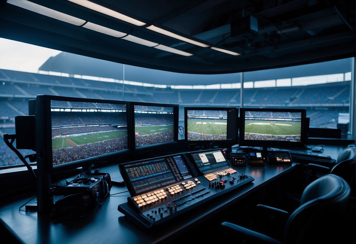 A broadcast booth with microphones, monitors, and a large window overlooking a packed stadium