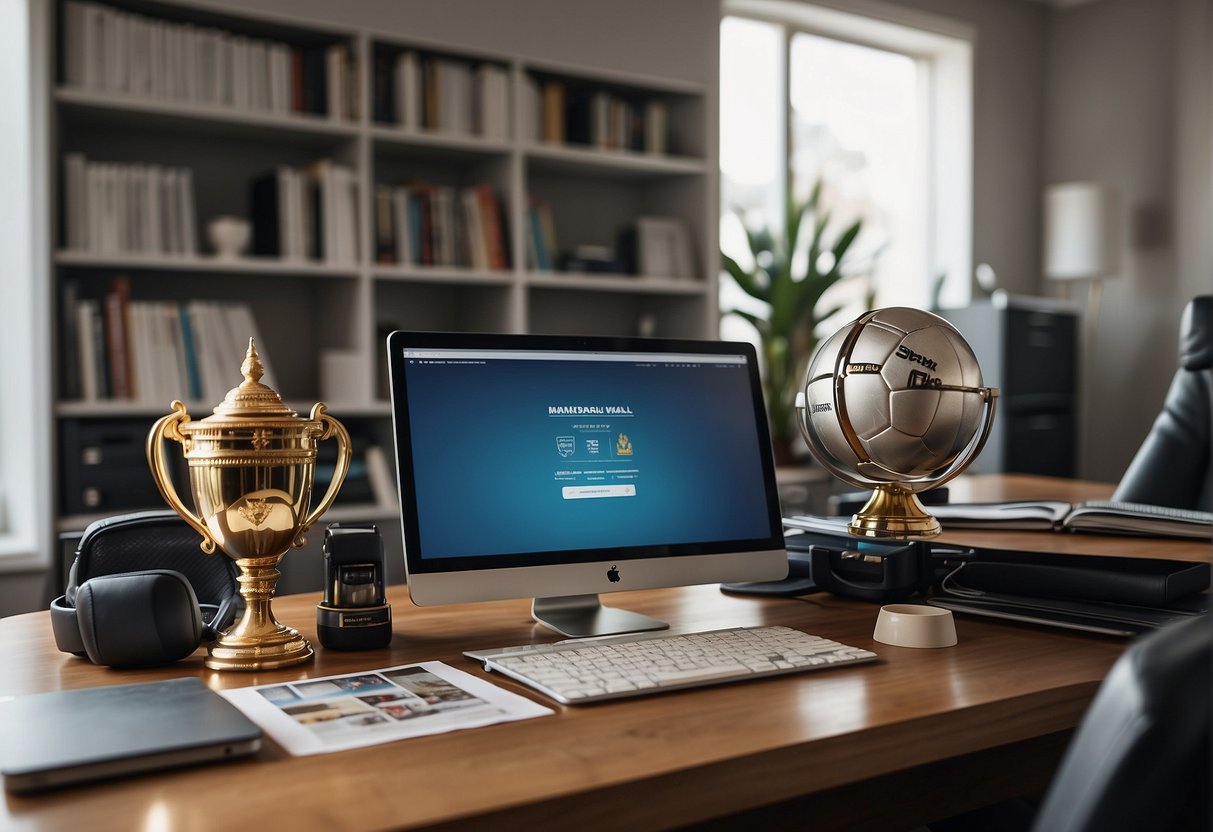 A journalist's desk with sports memorabilia, a computer, and a stack of papers. A wall calendar shows upcoming sports events. A trophy sits on a shelf