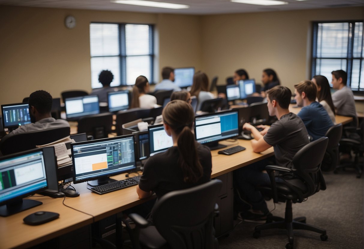 A classroom setting with students studying sports broadcasting materials and equipment