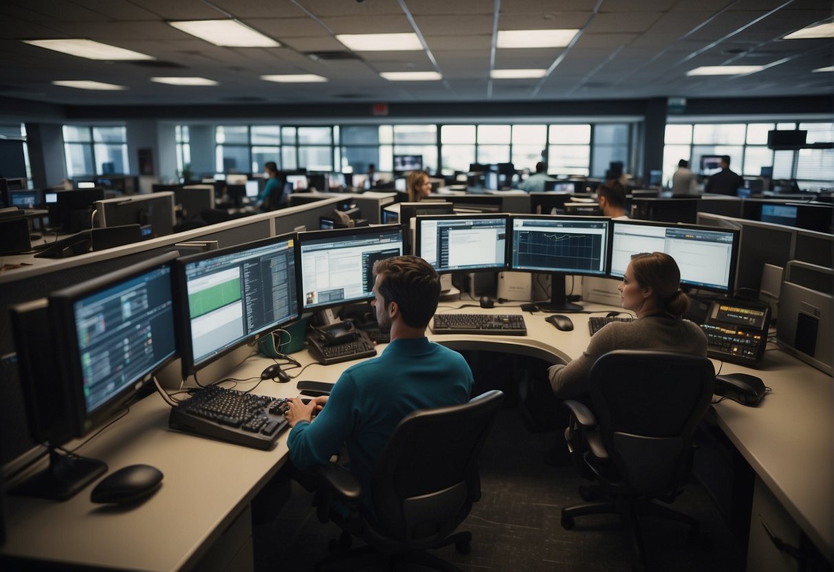 A bustling newsroom with desks, computers, and sports memorabilia. Journalists typing away, discussing stories, and editing articles. The atmosphere is energetic and focused