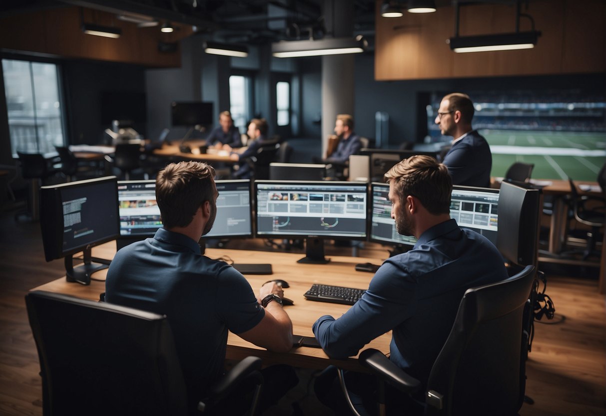 Sports journalists discuss pay factors: experience, media outlet, and audience reach. Visuals: journalists at desks, with laptops and sports equipment