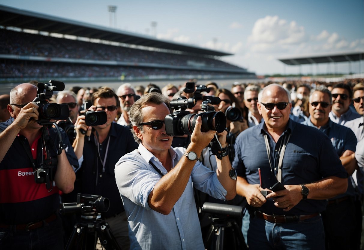F1 journalists gather around the racetrack, capturing the intensity and excitement of the industry with their cameras and notebooks