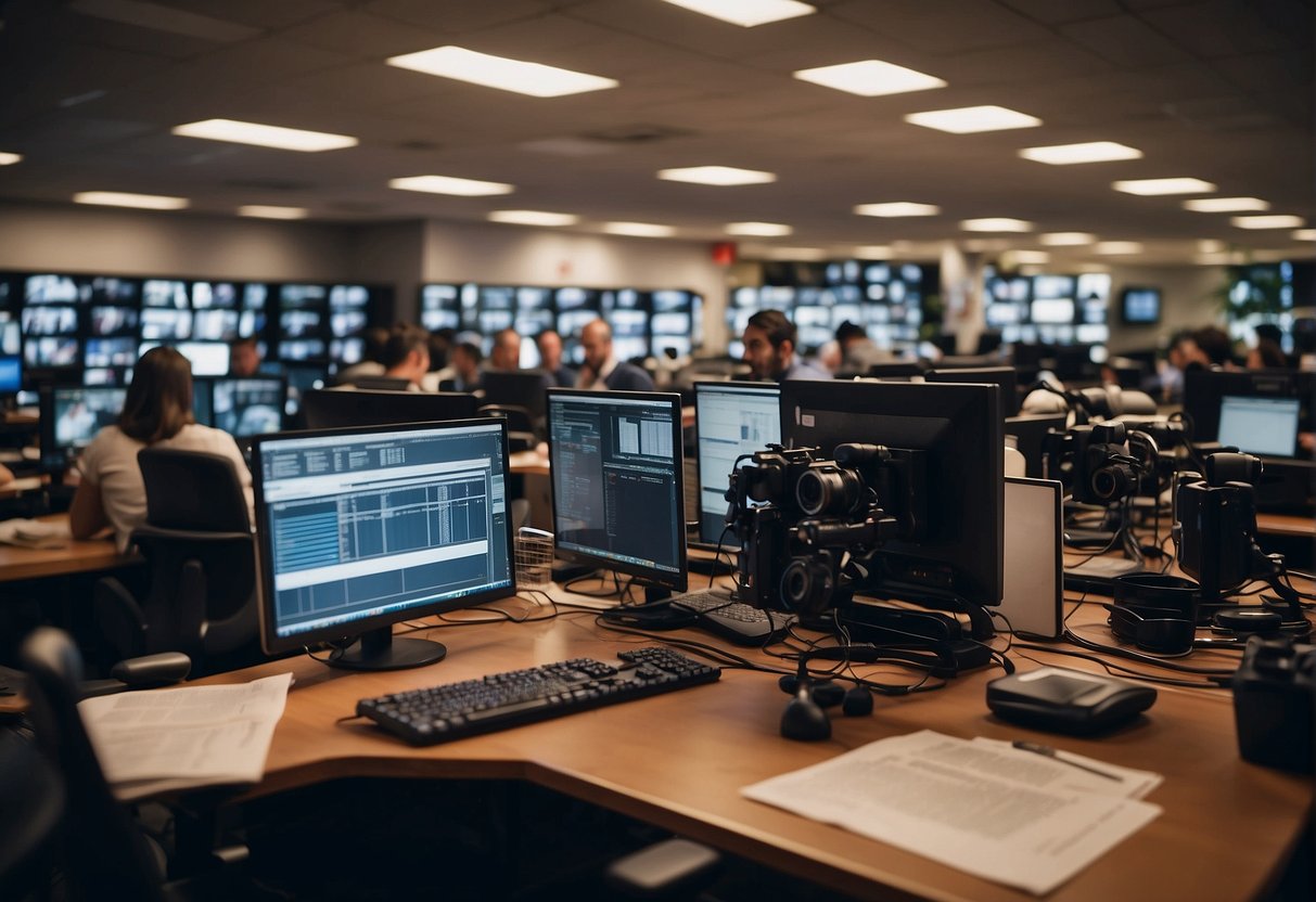 A bustling newsroom with journalists typing, cameras flashing, and sports memorabilia decorating the walls. Job postings for sports journalism roles are prominently displayed