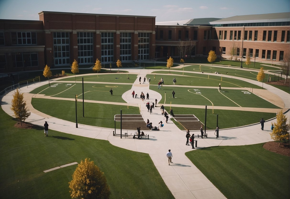 A college campus with sports facilities, classrooms, and students studying sports journalism