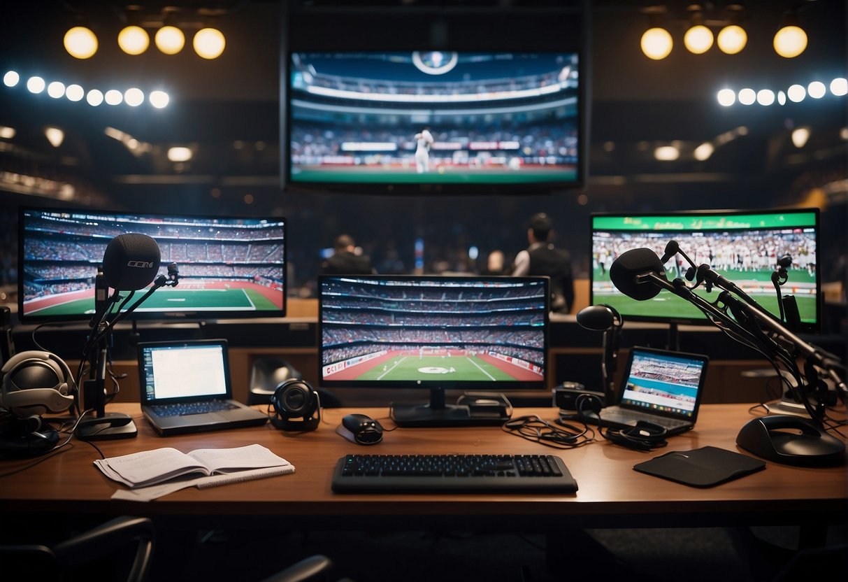 A sports broadcaster sits at a desk with microphones and monitors, surrounded by posters of famous athletes and sports events. The room is filled with the buzz of live broadcasts