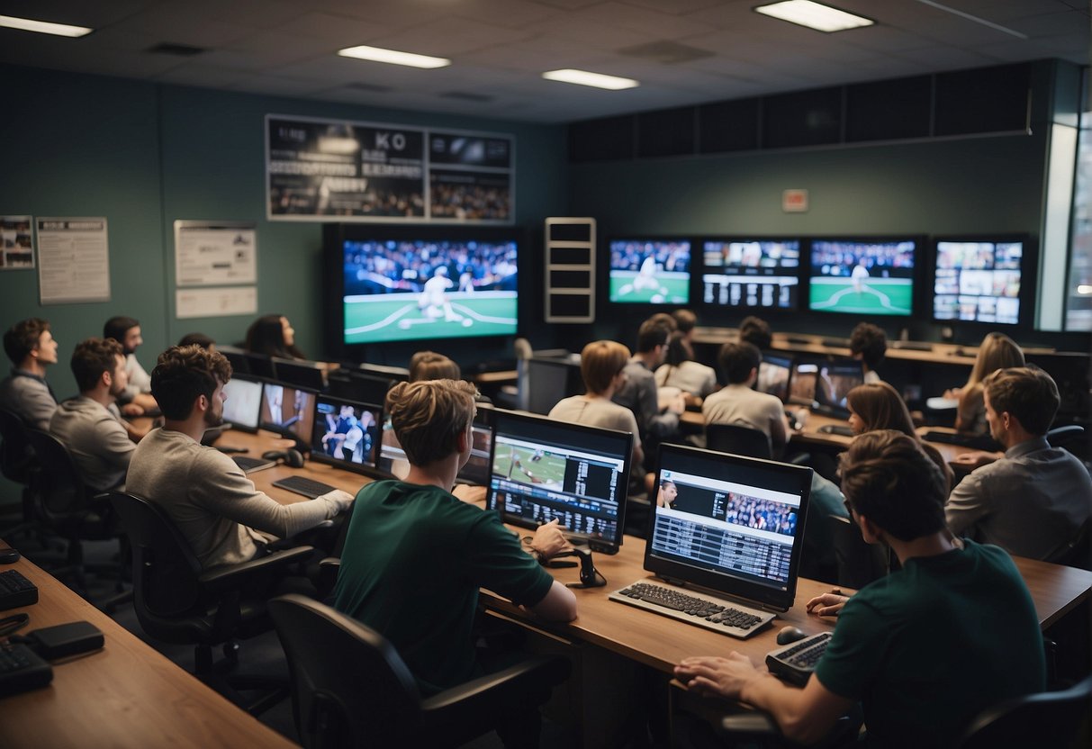 A classroom with students learning about sports broadcasting, surrounded by broadcasting equipment and screens displaying live sports events