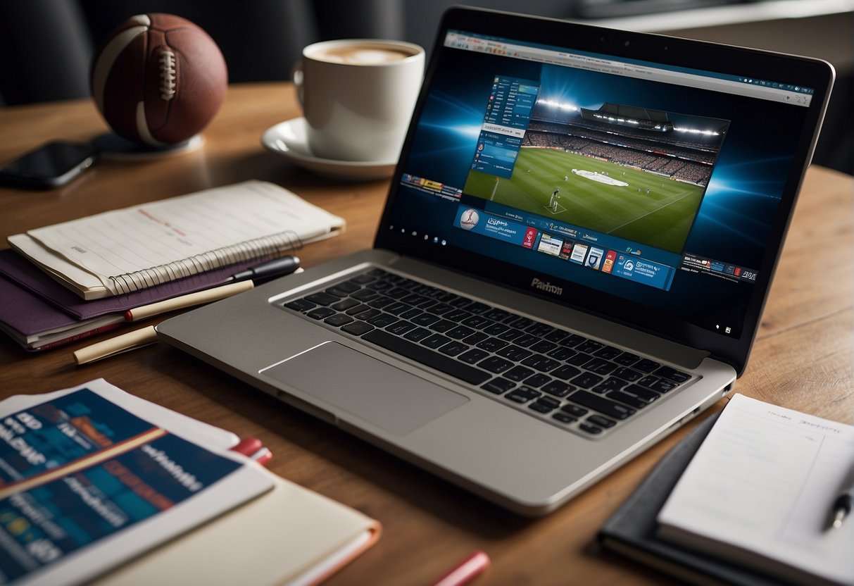 A laptop open to a sports article, surrounded by notebooks and pens, with a calendar showing upcoming sports events