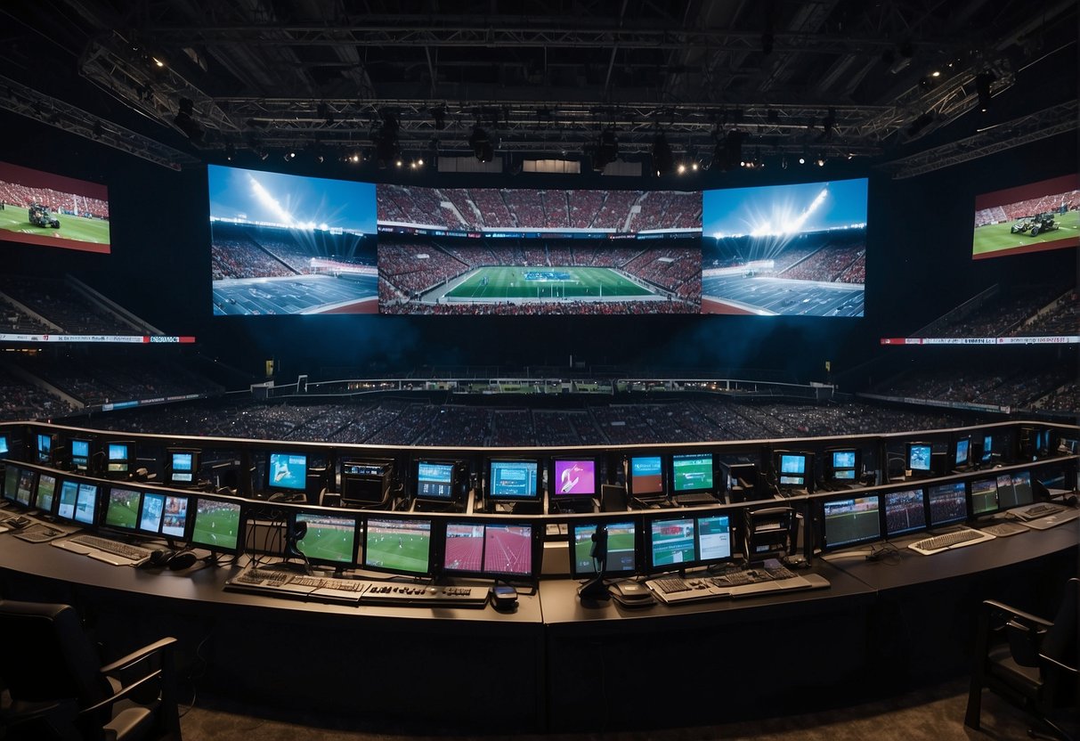 A stadium filled with cameras and broadcast equipment, with screens displaying live sports events, and streaming platforms logos on the walls