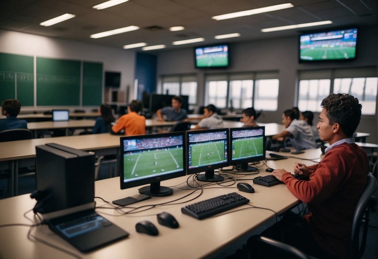 A classroom with sports broadcasting equipment, students learning, and a backdrop of sports fields and stadiums