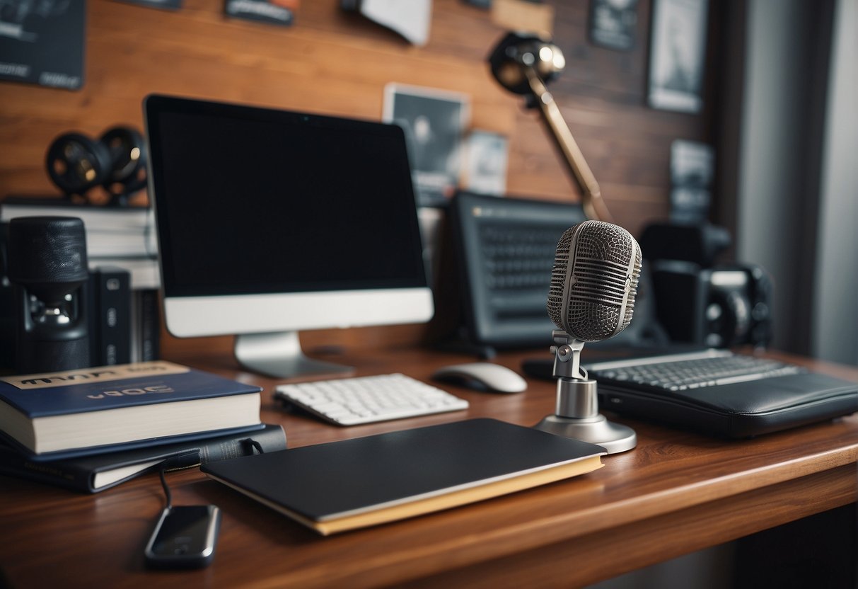 A desk with textbooks, notebooks, and a laptop. Sports equipment and a microphone nearby. Posters of famous athletes on the wall