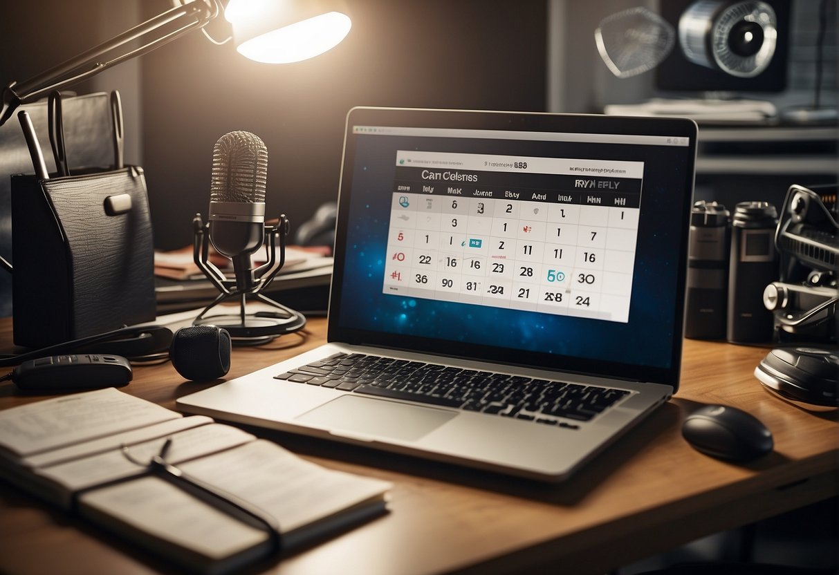 A cluttered desk with a laptop, microphone, and sports memorabilia. A calendar with deadlines and a contract for compensation