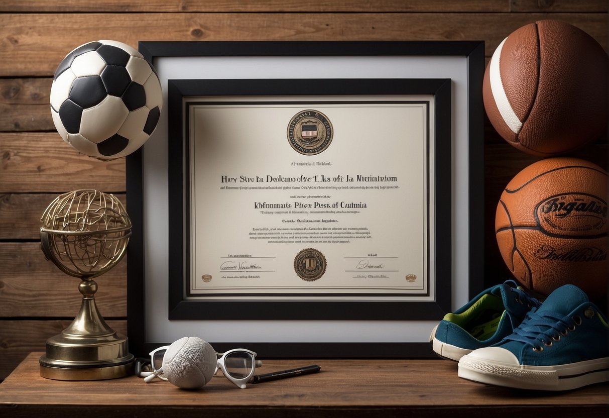 A diploma in sports journalism displayed on a wall, surrounded by sports equipment and framed articles