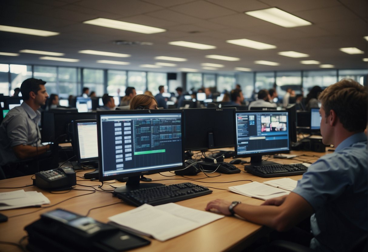 A bustling newsroom with journalists typing, cameras rolling, and sports memorabilia adorning the walls. A sense of excitement and urgency fills the air as interns eagerly assist in reporting and producing sports stories