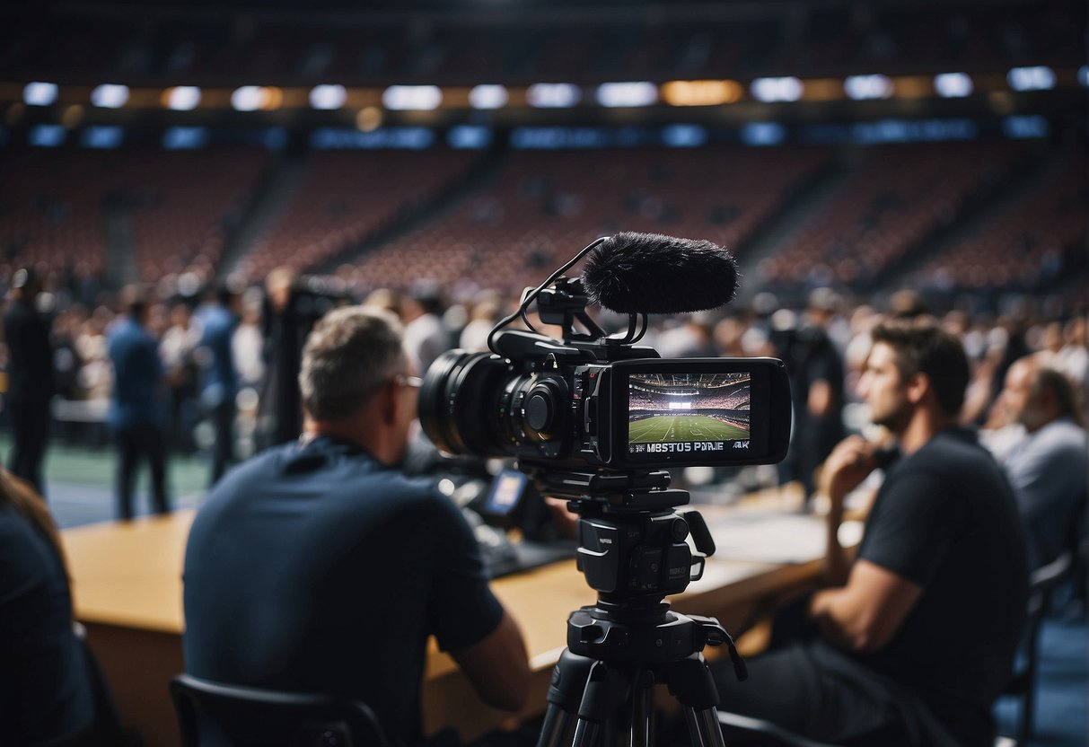 A bustling sports arena with reporters interviewing athletes, photographers capturing the action, and writers crafting stories on deadline