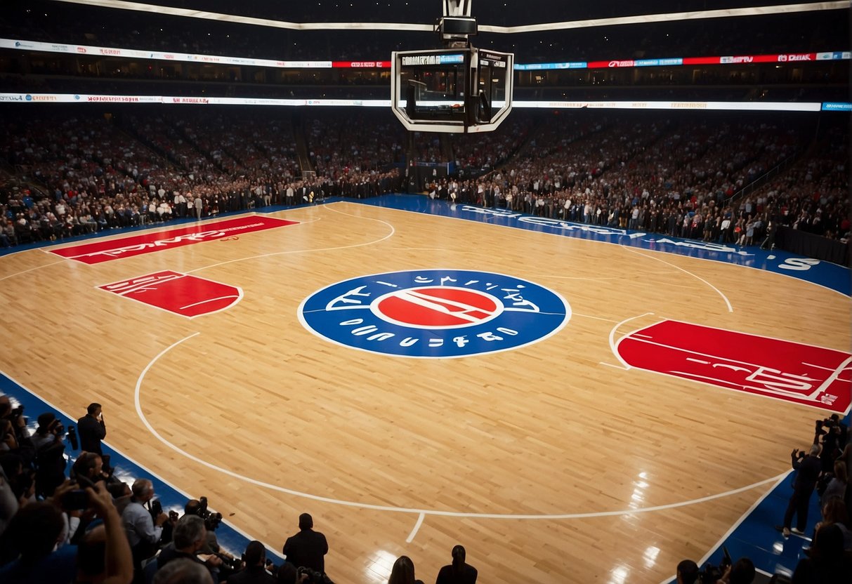 A basketball court with NBA logos, cameras, and reporters. Fans cheering in the background