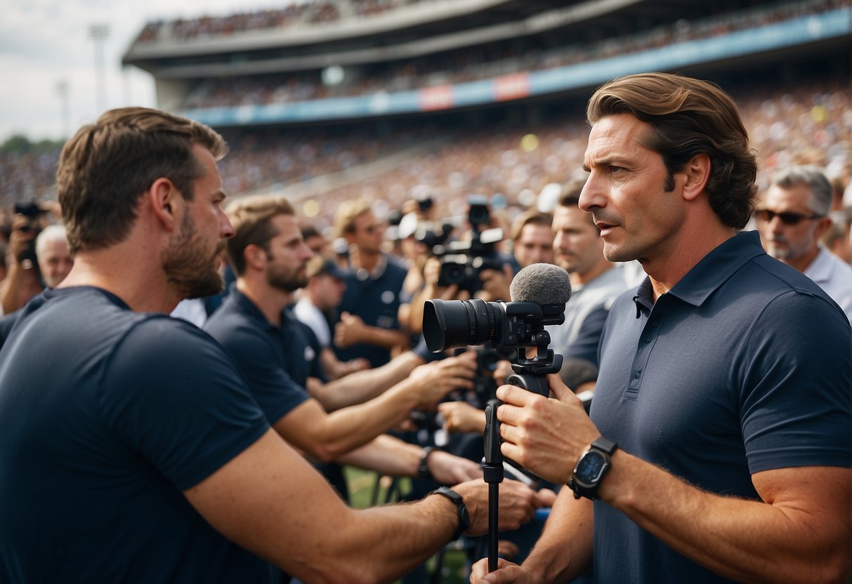 A journalist taking notes at a sports event, surrounded by athletes, coaches, and fans. Cameras and microphones capture the action