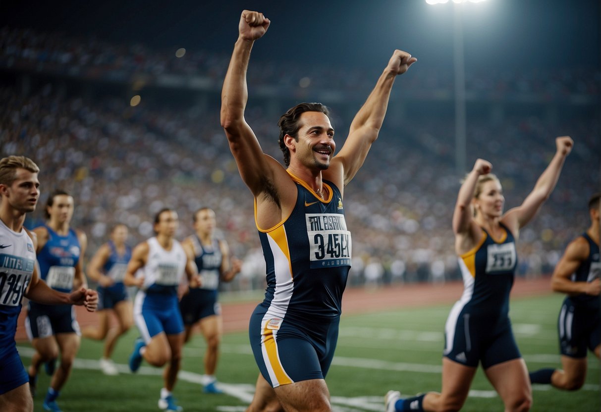 Athletes compete on a field, crowd cheers, and cameras flash