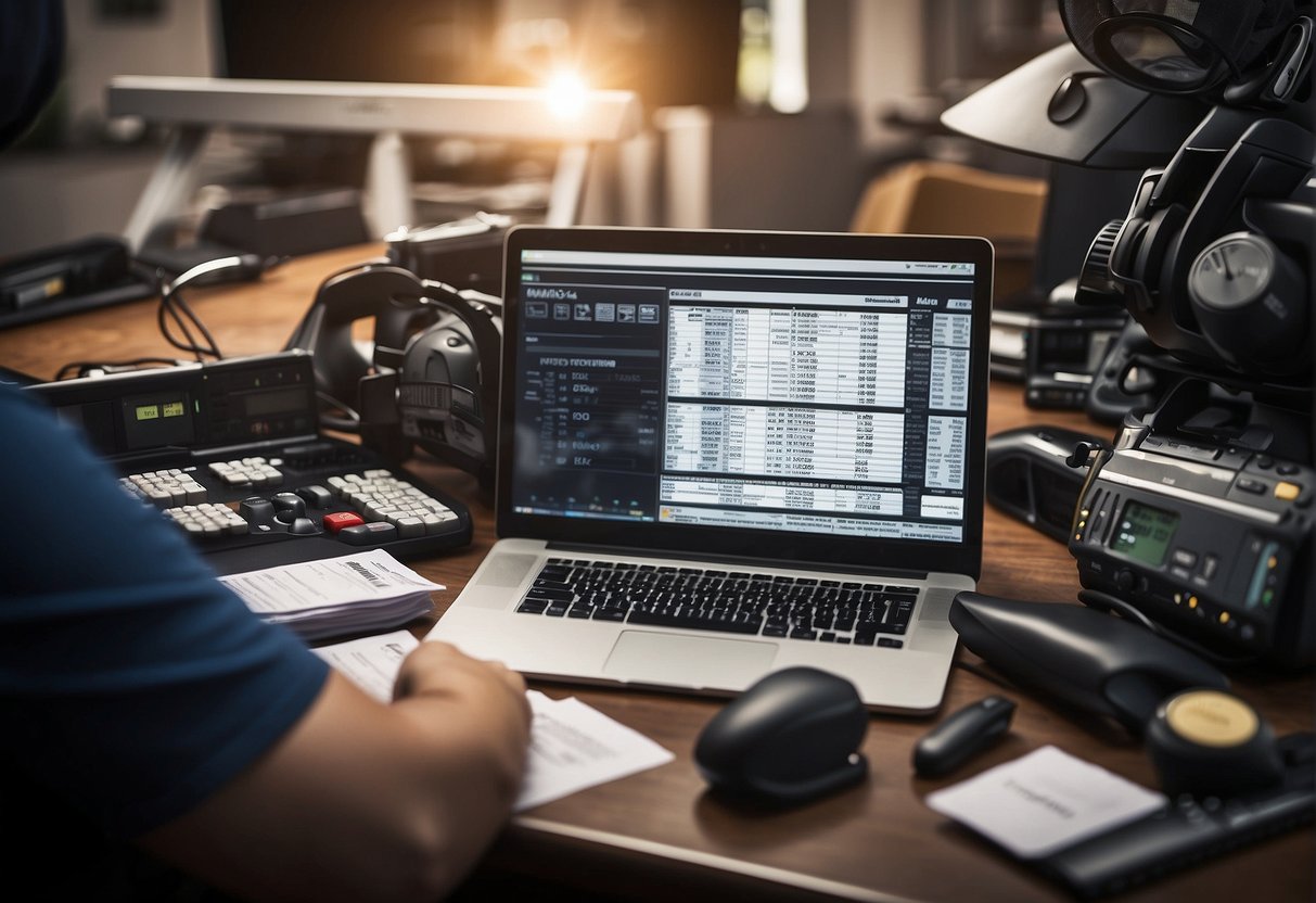 A sports journalist receives a paycheck, surrounded by sports equipment and a computer showing economic data