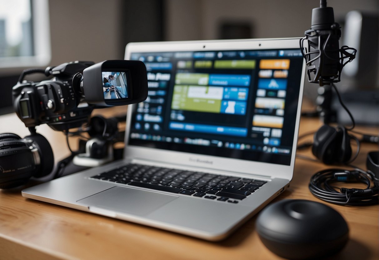 A journalist types on a laptop, surrounded by sports equipment and media tools. A microphone and camera sit nearby, ready for interviews