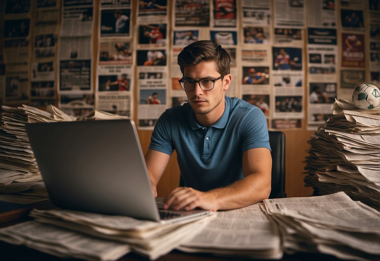 A sports journalism major typing on a laptop, surrounded by sports memorabilia and a wall of newspaper clippings