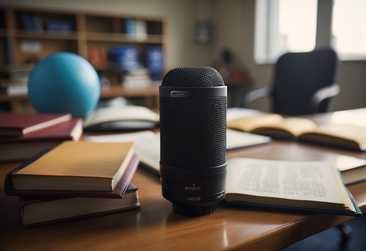A journalist in a classroom, with sports equipment and books. A paycheck symbolizes their wage