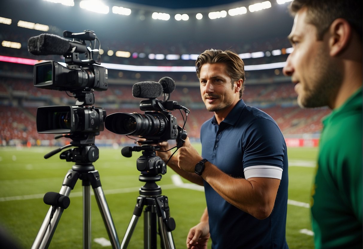 A reporter interviews athletes while cameras capture the action on the field for sports coverage and content creation